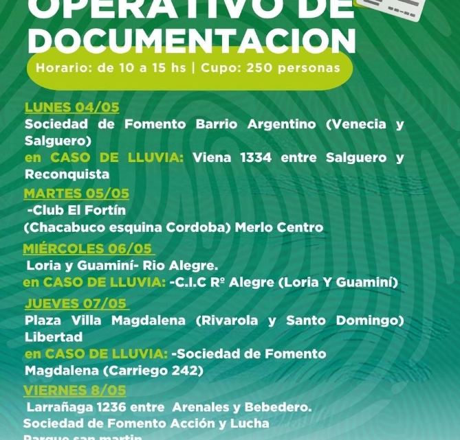 MERLO IMPULSA NUEVOS OPERATIVOS DE DOCUMENTACIÓN GRATUITOS EN LOS BARRIOS